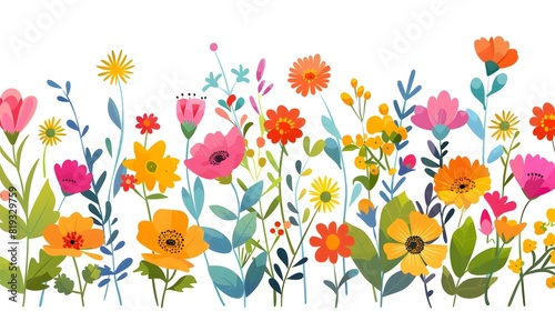 Vector horizontal seamless border with small bright colorful flowers and leaves on a white background. 