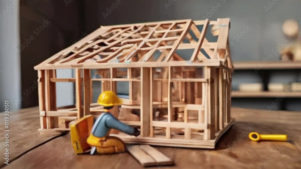 wooden house toy, featuring a hard-working construction worker's helmet and gloves on the table world labor day 1st may created with generative ai wooden house toy, featuring a hard-working construction worker's helmet and gloves on the table world labor day 1st may created with generative ai