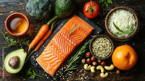   A table with various foods such as salmon, avocado, carrots, nuts, and broccoli