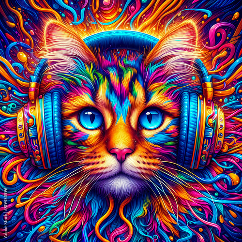 Vibrant colorful illustration of a cat wearing headphones listening to music