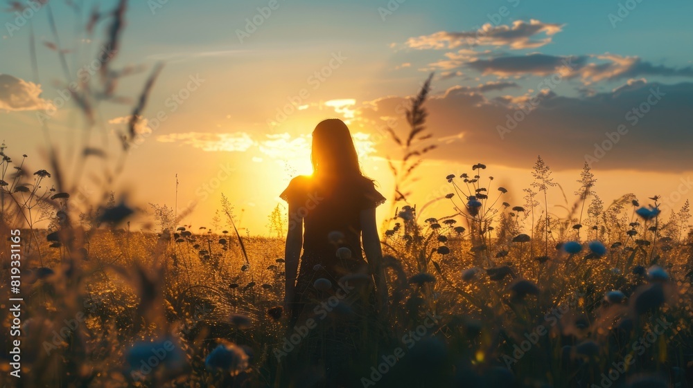 Woman stands in sunlit field at sunset Woman stands in sunlit field at sunset