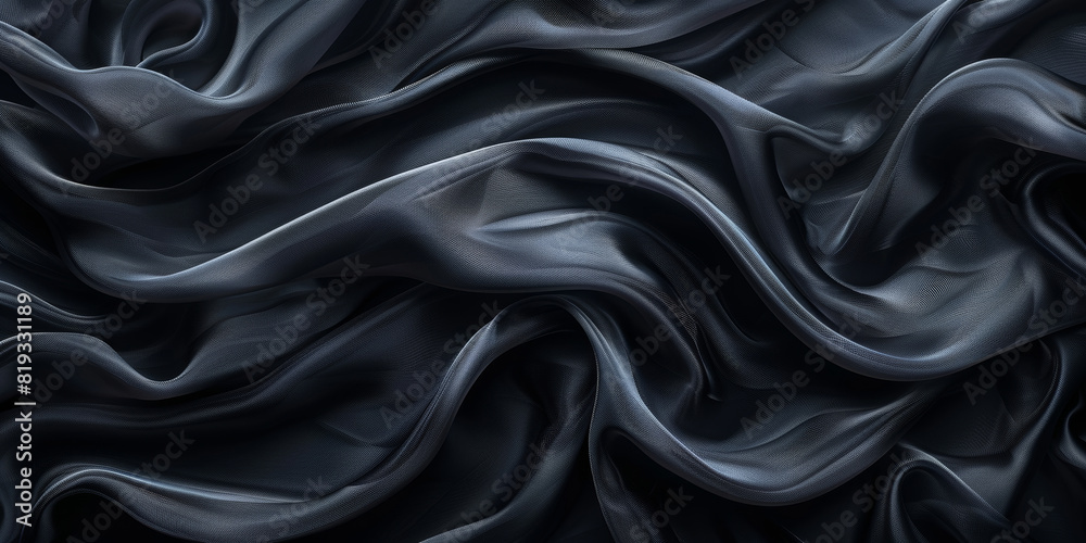 Elegant black satin fabric with smooth, wavy textures Elegant black satin fabric with smooth, wavy textures