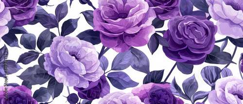 Seamless pattern of lush purple peonies flowers and leaves on a white  background, watercolor style 