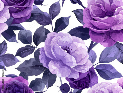 Fototapeta Naklejka Na Ścianę i Meble -  Seamless pattern of lush purple peonies flowers and leaves on a white  background, watercolor style 