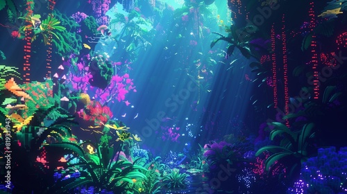 A digital rainforest bathed in the glow of neon sunlight  with pixelated flora and fauna thriving amidst the vibrant colors.