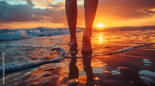 Low angle view of a girl feet walking on beach at sunset.