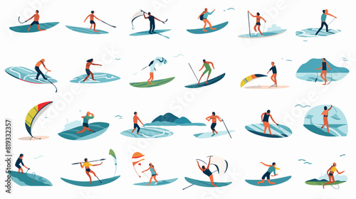 Water sports set. People riding floating and surfin photo