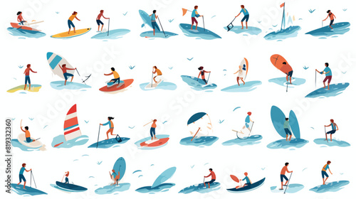 Water sports set. People riding floating and surfin photo