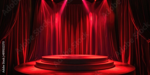 Stage podium background red light spotlight curtain theater show platform. Stage 3D background podium award cinema winner