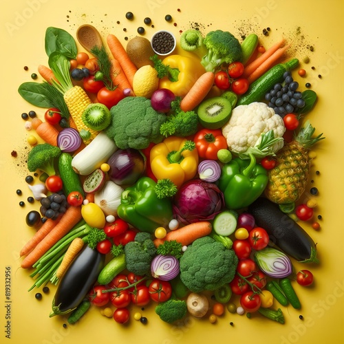 piles of different vegetables popping on a yellow background