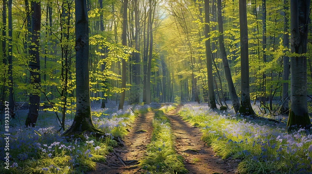   A dirt road winds through the dense forest, dotted with vibrant bluebells in the foreground and towering trees in the background