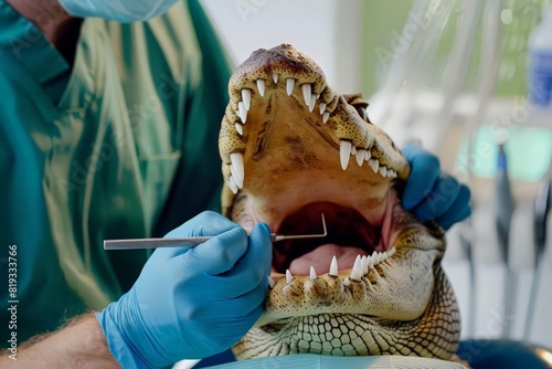 Dentistry for household pets. Conceptual advertising photo. Crocodile with open mouth at dentist's office getting treatment. Animal dentistry, oral hygiene, animal dental care, veterinary, treatment.
