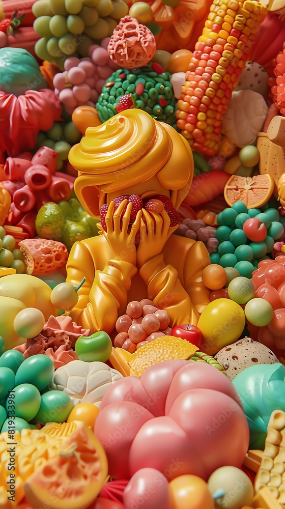 Hungry A person surrounded by vibrant, surreal food items