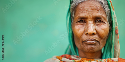 Portrait of an elderly Indian woman with expression, green background