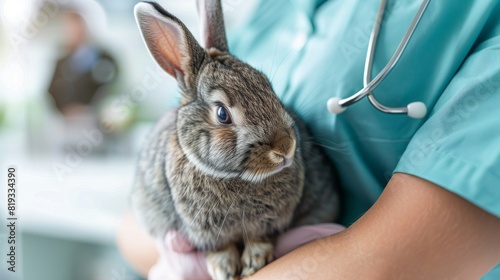 Veterinarian holding a fluffy bunny in a clinic environment photo