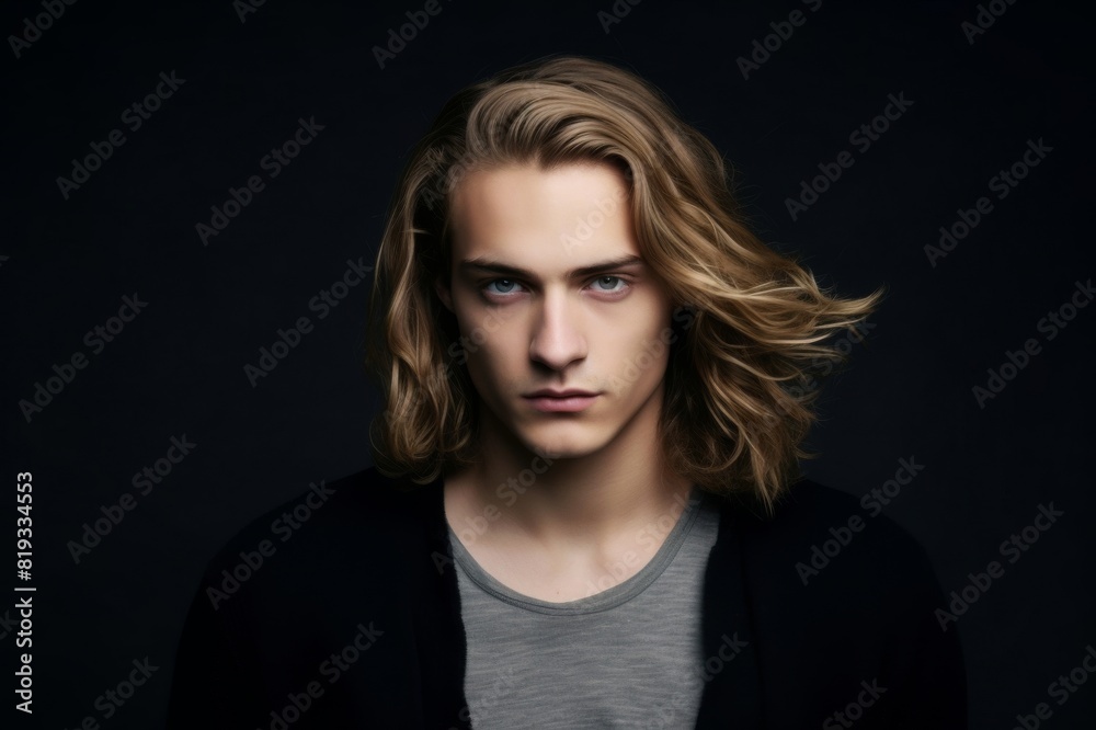 portrait of a handsome young blond guy with long hair on a gray background and a place for inscription
