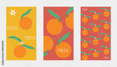 Set of summer posters with oranges. Vector illustration for postcard, print, background, wallpaper, cover, banner, advertising, label.