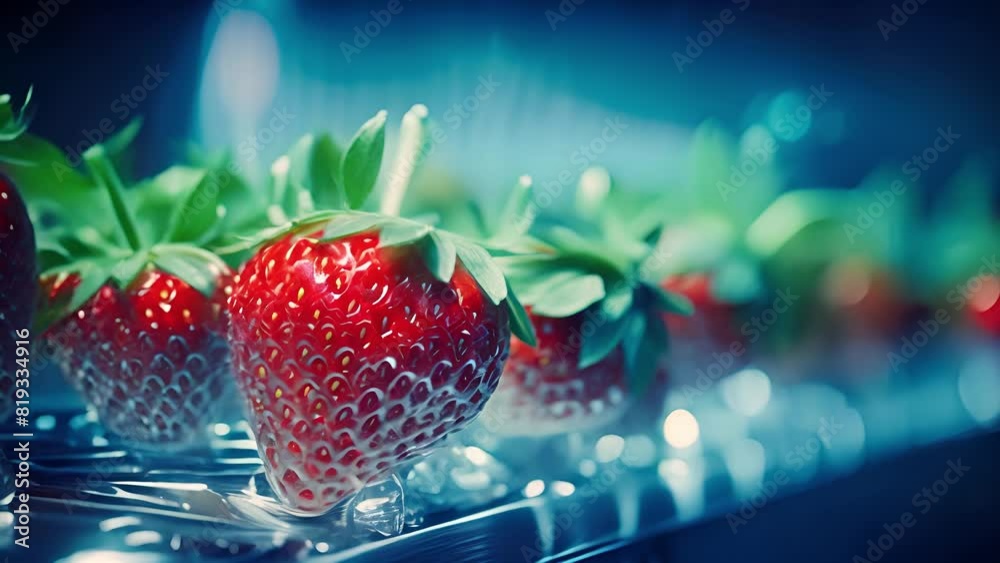 Strawberry grow in hi-tech controlling environment with bright light in research and experiment theme, concept for future agricultural, vertical farming, high- tech garden tools, Hydroponic garden	