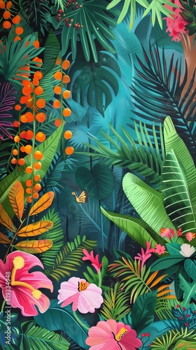 Vibrant A jungle scene with vividly colored plants and animals