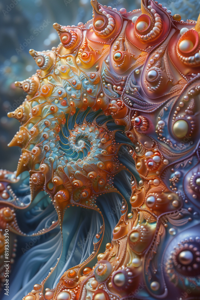Fototapeta premium abstract fractal seashell, mandelbulbs, in the shape of sea creatures and ocean waves, surreal marine life, photorealistic // ai-generated 