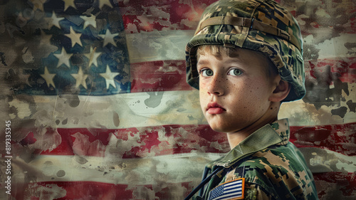 Young boy in military uniform against worn American flag photo