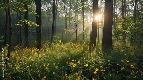  The sun illuminates a forest with wildflowers in the foreground, including yellow ones