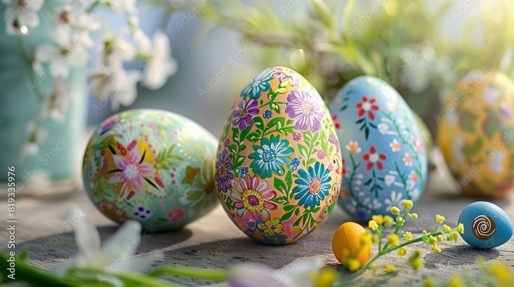 Painted eggs arrayed on table with flower-filled vase Painted eggs arrayed on table with flower-filled vase