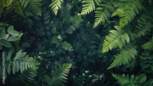 Lush green fern leaves  vibrant foliage in dense forest  natural scenery