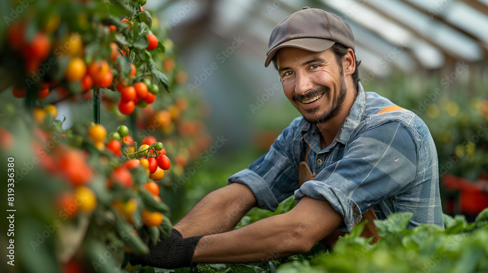 A smiling worker who picks tomatoes A smiling worker who picks tomatoes