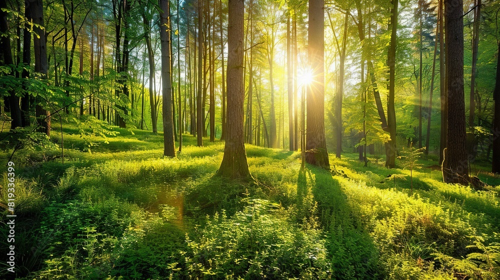 Fototapeta premium Sunlight filters through towering, slender trees in a lush green forest