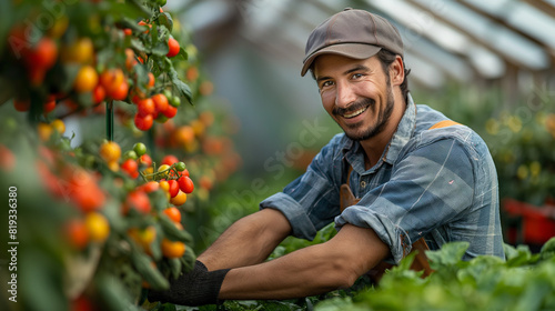 A smiling worker who picks tomatoes 