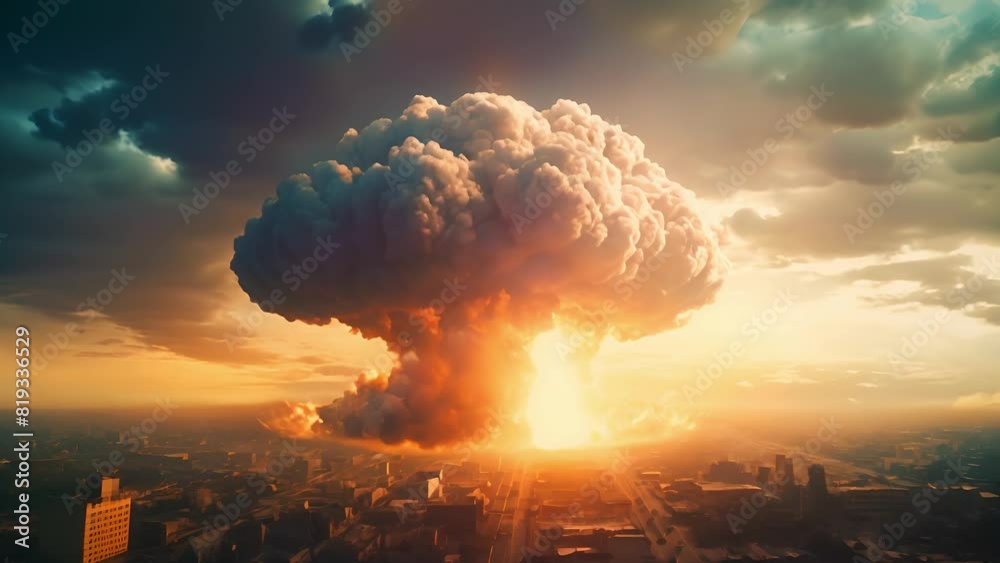 Nuclear War. Explosion nuclear bomb. Nuclear bomb explosion in nuclear war. Explosion of a nuclear bomb with a mushroom cloud. Nuclear war apocalypse concept	