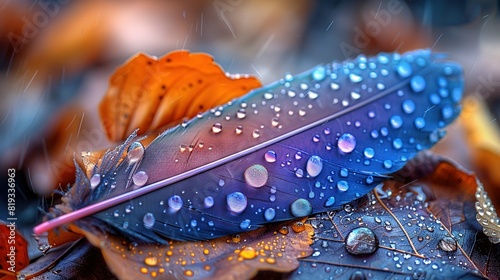  A blue feather with water droplets and a leaf nearby