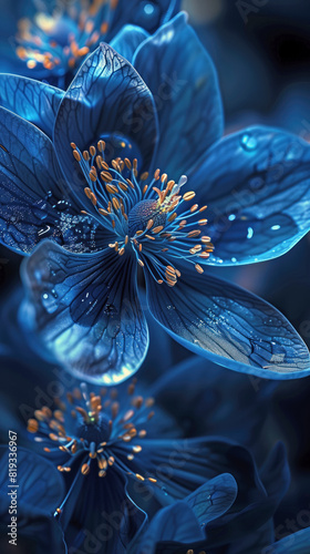 A close up of a blue flower with gold accents