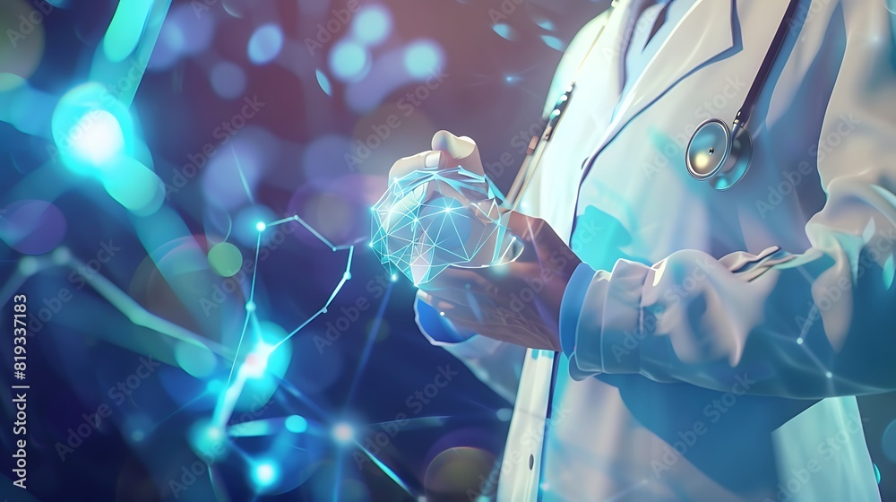 Modern Healthcare Concept with Doctor Holding Stethoscope and Icons on Geometric Canvas Background in Yellow and Indigo Tones