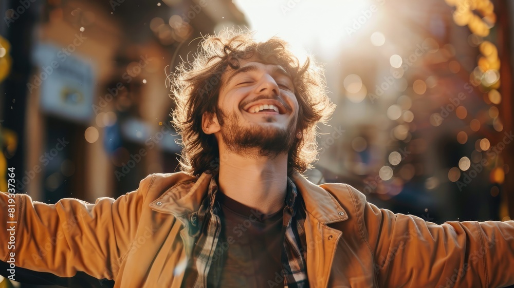 Young Caucasian man joyfully embracing sunlight outdoors Young Caucasian man joyfully embracing sunlight outdoors