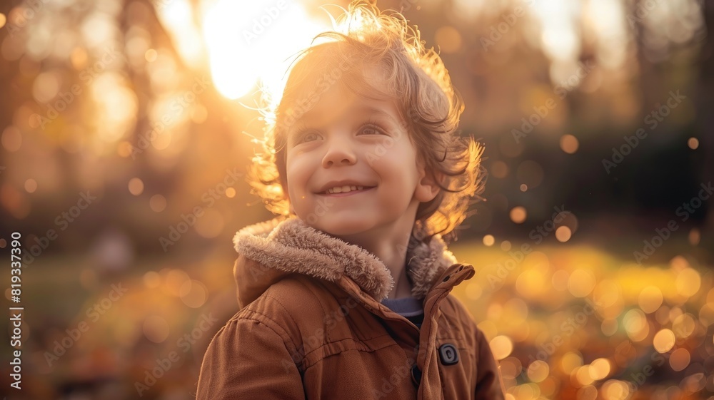Young boy enjoying autumn sunset with joyful smile Young boy enjoying autumn sunset with joyful smile