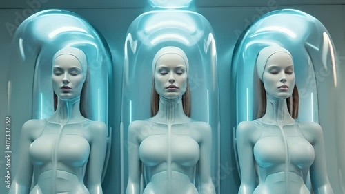 Human clone factory, Human in the capsules, capsule with human woman body inside	