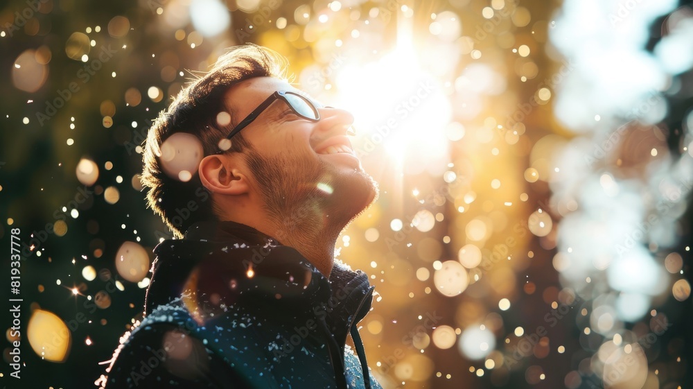 Caucasian man with sunglasses enjoys sunlight amidst falling snowflakes Caucasian man with sunglasses enjoys sunlight amidst falling snowflakes