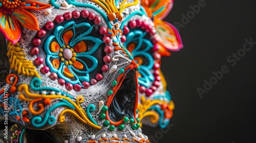 Colorful sugar skull close up with floral patterns. Vibrant calavera with flower designs. Concept of Day of the Dead  Mexican culture  traditional crafts  Halloween. Banner. Copy space