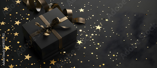 Black gift box with gold star confetti and bow, suitable for holidays, birthdays, and special occasions.