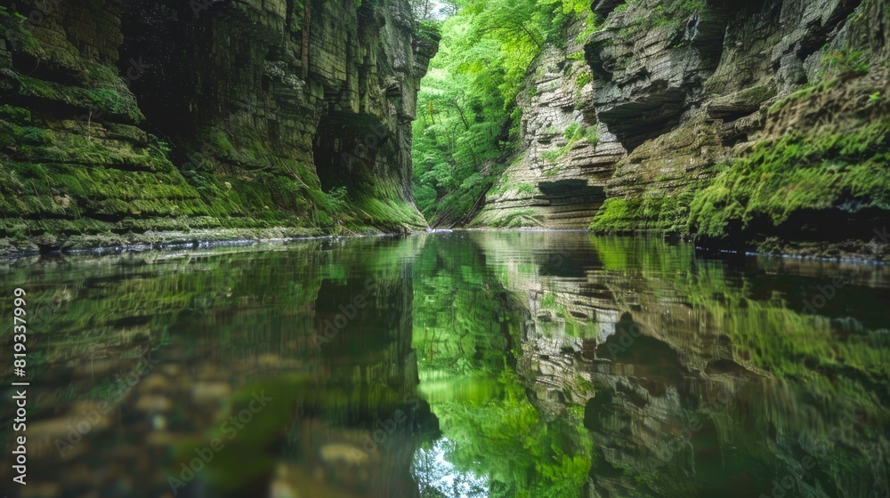 Serene canyon mirrored in a tranquil river with lush greenery. Calm gorge reflected in clear water with vibrant plants. Concept of natural beauty, tranquility, outdoor scenery, reflection, nature Serene canyon mirrored in a tranquil river with lush greenery. Calm gorge reflected in clear water with vibrant plants. Concept of natural beauty, tranquility, outdoor scenery, reflection, nature