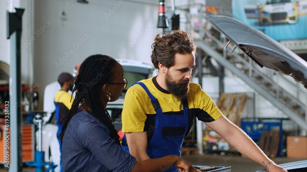 Qualified serviceman in repair shop showing client damages found inside car after inspection. Automobile specialist telling woman vehicle diagnostic after checking for defective parts Qualified serviceman in repair shop showing client damages found inside car after inspection. Automobile specialist telling woman vehicle diagnostic after checking for defective parts
