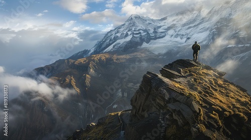   A man atop a mountain admires the cloudy vista and distant mountain range