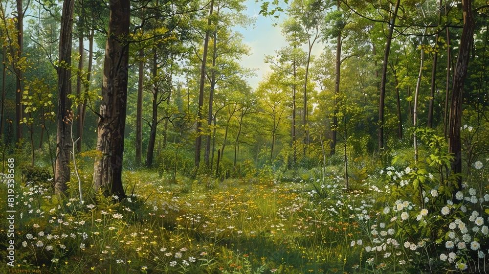 A painting of a lush forest filled with numerous trees and vibrant white blossoms in the foreground, set against a serene blue backdrop A painting of a lush forest filled with numerous trees and vibrant white blossoms in the foreground, set against a serene blue backdrop