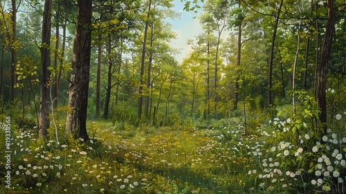  A painting of a lush forest filled with numerous trees and vibrant white blossoms in the foreground, set against a serene blue backdrop