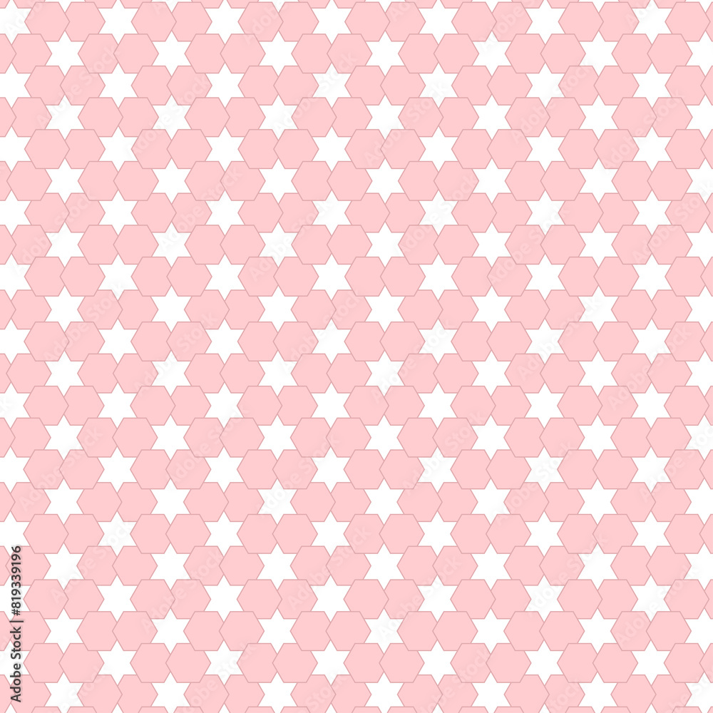 Pink hexagonal shapes in star-shaped space patterns.