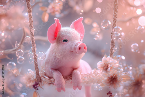 animal art, cute pink piglet sitting on an elegant swing, delicate white flowers and twinkling bubbles, piggy in luck, joyus celebration, adoreable charm, dreamy atmosphere, bokeh // ai-generated photo