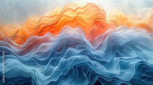 an abstract image of various waves, in the style of organic shapes and curved lines, data visualization, muted colorscape mastery, light blue and orange, photo