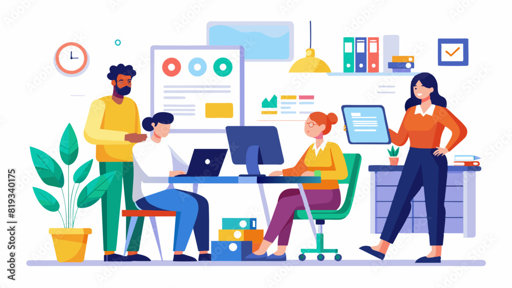 Office Workers UX/UI Illustration: Collaborative Team in Modern Workspace